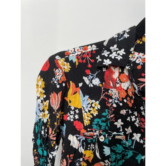 MAEVE Anthropologie Floral Woodland Friends Blouse 0 Rayon Animal Flowy Black - Picture 6 of 10